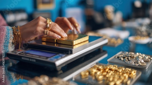 Woman weighing gold bars and jewelry on a digital scale in a jewelry store setting.