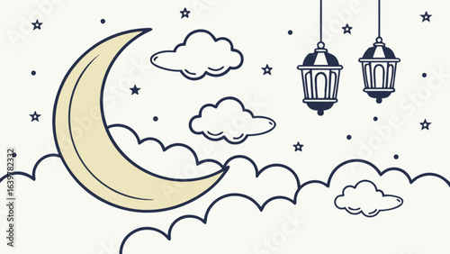 Ramadan kareem moon and stars islamic vector illustration eid mubarak lantern night sky celebration design 100