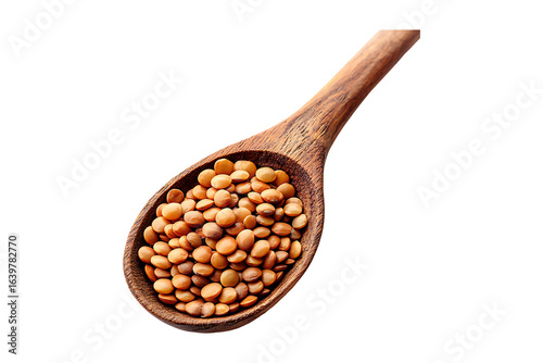 lentils in wood spoon isolated on a transparent background