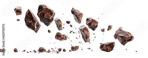 Dark brown, irregular fragments scattered