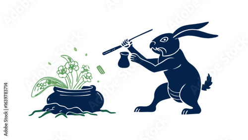 Rabbit witch brewing potion in cauldron with flowers and herbs vector illustration art design style