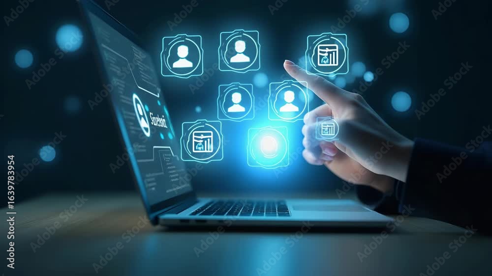 Flat Hand Interacting with Holographic AI Chatbot on Laptop - Smart Assistant Automation Icons in Empty Space - Vector Illustration of Intelligent Business Assistance Flat Hand Interacting with Holographic AI Chatbot on Laptop - Smart Assistant Automation Icons in Empty Space - Vector Illustration of Intelligent Business Assistance