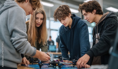 Group of focused teenagers collaborating on a technology project in a modern classroom setting.