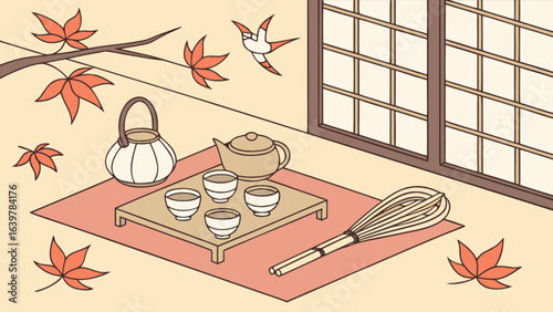 Japanese tea ceremony illustration with teapot cups whisk and maple leaves for zen relaxation and autumn season