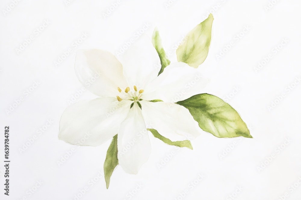 Obraz premium Minimalist watercolor painting capturing the elegance of a single jasmine flower with delicate green leaves on a pristine white background