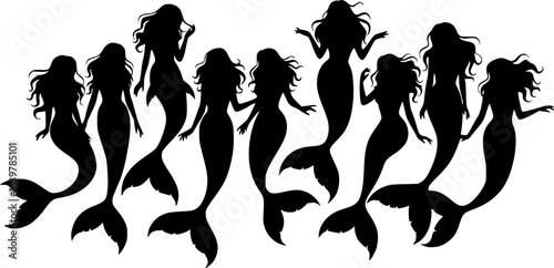 black silhouette of a group of mermaids with long flowing hair and fish tails, each in a different pose, on a white background, vector art style