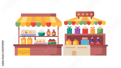 Market stalls with food and gifts vector illustration for business and creative projects use design