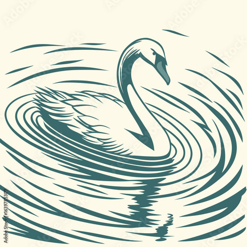 Abstract swan gliding on rippled water—digital artwork blending serenity and graceful movement
