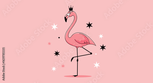 Whimsical pink flamingo standing tall with sparkles and a crown for a royal touch