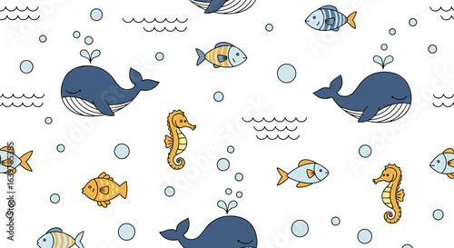 Charming cartoon whales fish and seahorses under the sea seamless pattern
