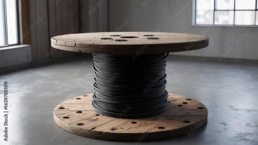 custom made wallpaper toronto digitalSolitary Wooden Cable Spool with Black Wire in a Sunlit Industrial Loft