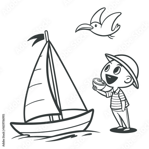 Icon of small happy boy with a boat for graphic design.eps