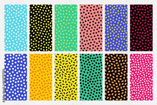 Collection of bright colorful simple seamless patterns with dots and symbols. Minimalistic vibrant fashion unusual backgrounds. Trendy fabric endless prints with random shapes