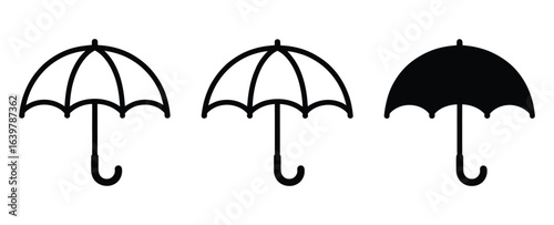 Vector art of three umbrellas in a row, the last one is filled with black color, the other two are just outlines, isolated on white background, creating a simple and minimalist design