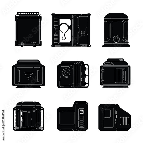 Set of nine monochrome vector illustrations depicting futuristic containers, technological crates, and advanced storage units for science fiction projects.