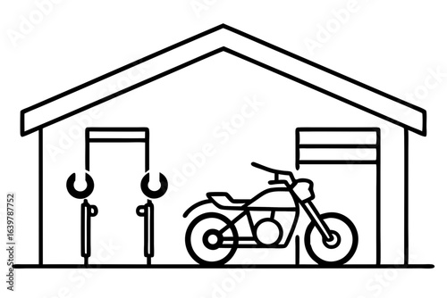 Motorcycle in Garage with Tools Background – Vector Illustration