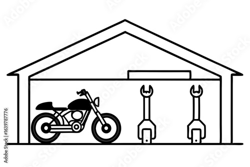 Motorcycle in Garage with Tools Background – Vector Illustration