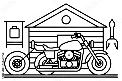 Motorcycle in Garage with Tools Background – Vector Illustration