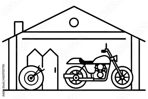 Motorcycle in Garage with Tools Background – Vector Illustration