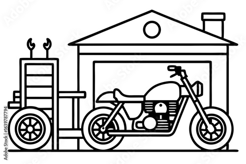 Motorcycle in Garage with Tools Background – Vector Illustration