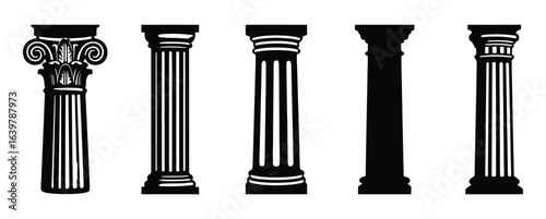 Vector art of a black and white illustration of five different architectural columns isolated on white background, showcasing the diversity in ancient architectural design and construction techniques