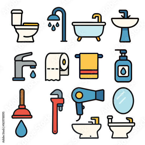 A collection of colorful flat design icons representing various bathroom fixtures and plumbing tools.
