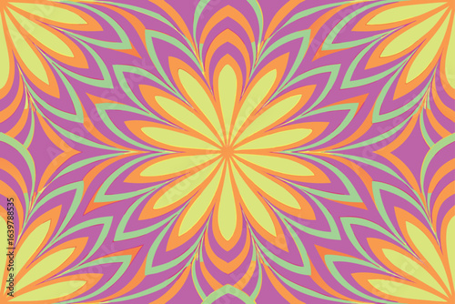 A seamless psychedelic pattern with a colorful, geometric design of bright stars and waves