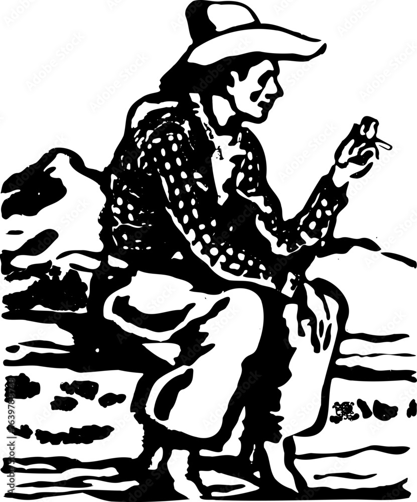 Fototapeta premium abstract design of American wild west desert with cowboys - hand drawn Black illustration. Ilustraciones del viejo oeste. PNG.JPG. VEKTOR