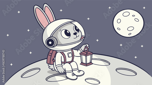 Astronaut bunny rabbit on the moon with lantern vector illustration space travel and exploration design 100