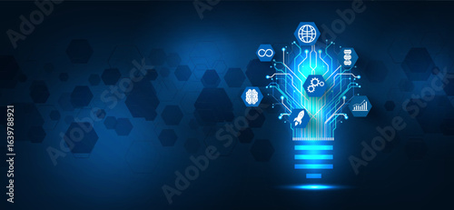Glowing lightbulb with digital circuits and technology icons representing AI, innovation and data analytics. Perfect for illustrating digital transformation, future technology, and creative ideas.