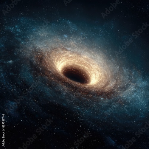A visual concept of a black hole at the center of a distant galaxy.