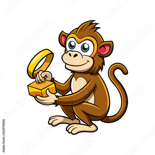 Charming Cartoon Monkey Proposing with Banana Shaped Ring Box – Funny Animal Love Vector Illustration for Romantic and Whimsical Designs