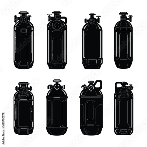 A collection of isolated black vector illustrations showing various designs of sci-fi futuristic containers, high-tech tanks, and canisters.