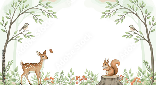 Woodland cartoon Animals watercolor illustration template. Pre made frame for baby shower