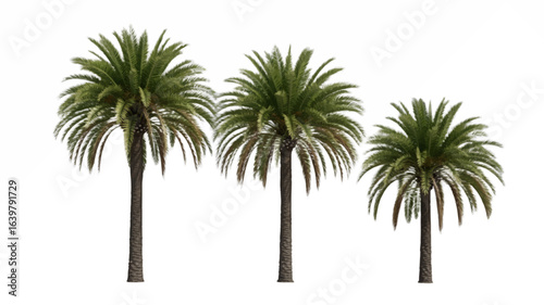 A set of three detailed palm trees in varying heights, isolated on a white background. Perfect vector elements for tropical, summer, or exotic designs.