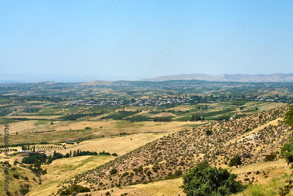 Naklejka premium A panoramic view of the rural landscape in the foothills of Uzbekistan. Yellow, arid hills contrast with green fields and vineyards, with a small settlement visible in the distance. July 2025.