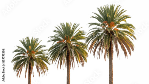 A vector illustration of three tropical date palm trees in a row, showing a concept of growth, isolated on a white background for design