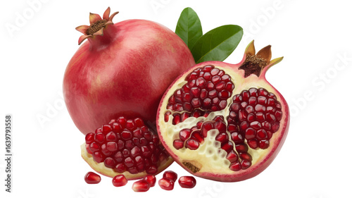 Fresh ripe pomegranate fruit, both whole and halved, revealing juicy red seeds with a small section and green leaves, isolated on a white background.