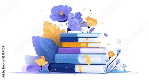 Stack of colorful books surrounded by stylized flowers and leaves