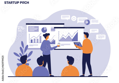 Creative startup builder and partner delivering a compelling business pitch, showcasing growth analytics and financial data on screens