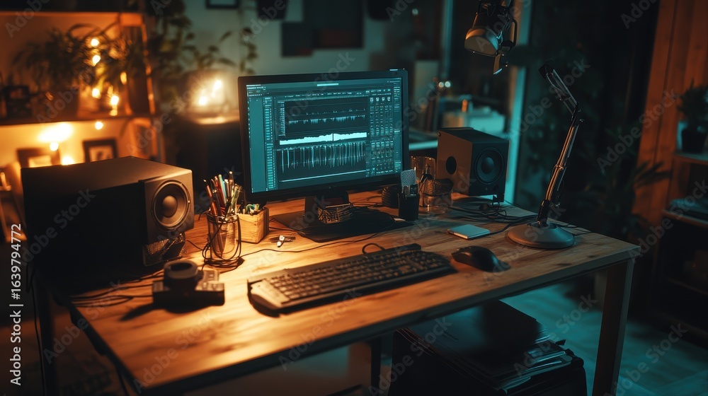Jib down shot of wooden desk in studio with podcast gear technology recording sound for social media channel production. Live broadcasting space with specialized tech in dimly lit apartment Jib down shot of wooden desk in studio with podcast gear technology recording sound for social media channel production. Live broadcasting space with specialized tech in dimly lit apartment