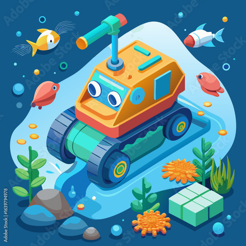 Autonomous underwater cleaning robot removing plastic waste