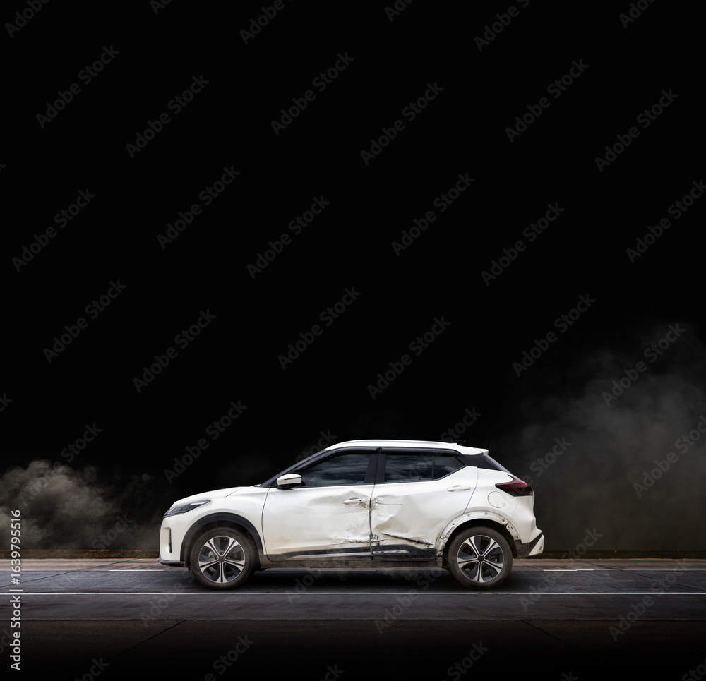 Fototapeta premium Car crash accident with traffic light – SUV collision caused by drowsy or distracted driving at night