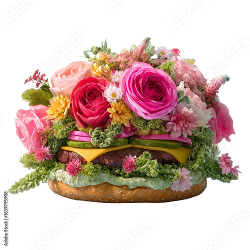  An imaginative burger filled with colorful roses and foliage, substituting traditional ingredients[Transparent Background PNG].