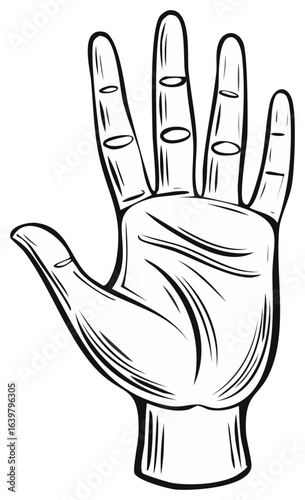 Black and white illustration of an open hand with fingers spread, showing palm lines and stylized shading