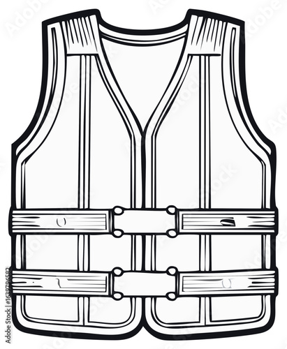 Black and White Illustration of a Life Vest with Straps and Buckles