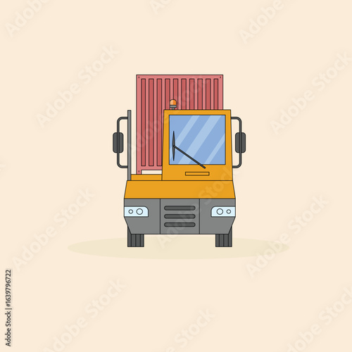 Front view illustration of a yellow container handler truck moving a red shipping container for global logistics and freight transport.