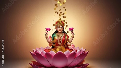 Divine Figure with Gold Accents Adorned in Red Ornament on Pink Lotus Flower