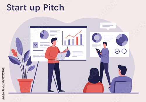 An innovative startup builder presents a compelling business pitch with data charts and growth graphs to potential investors in a modern office.
