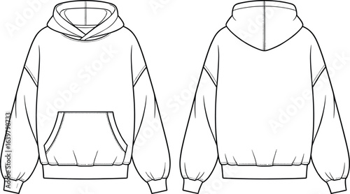 Oversized hoodie CAD drawing, flat vector technical illustration, front and back sweatshirt design, fashion garment template, casual wear sewing pattern, clothing blueprint